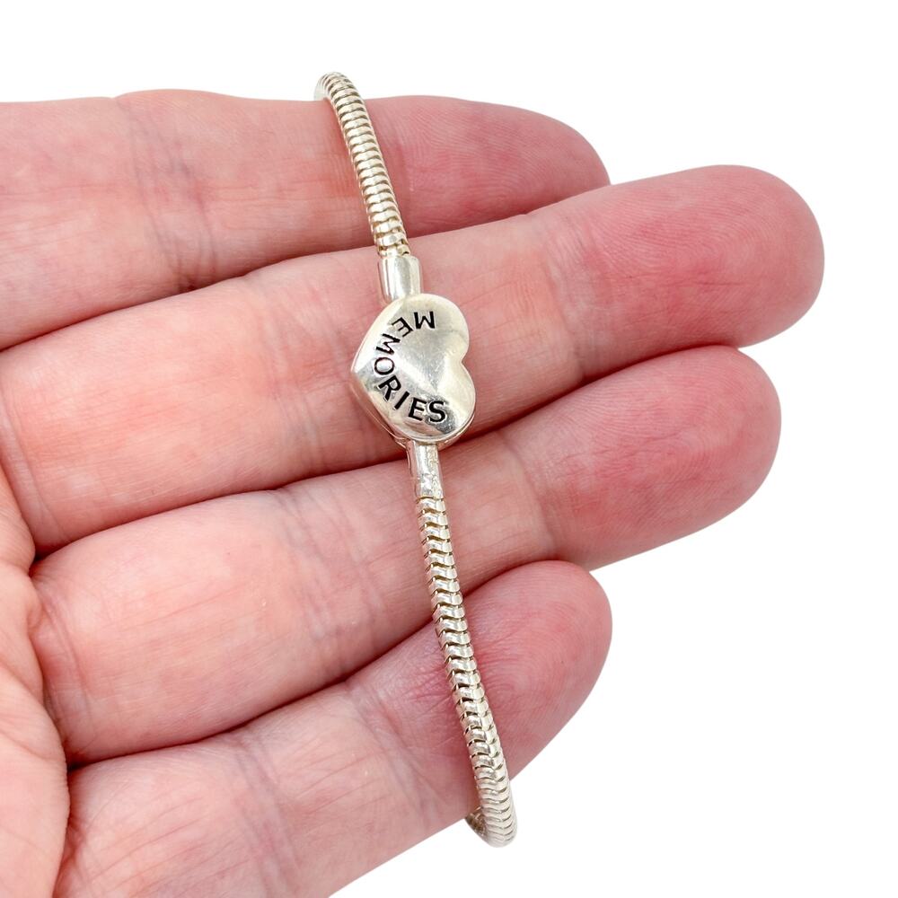 Italy Sterling Silver 925 Memories Heart Clasp Snake Chain Bracelet | 7.5”